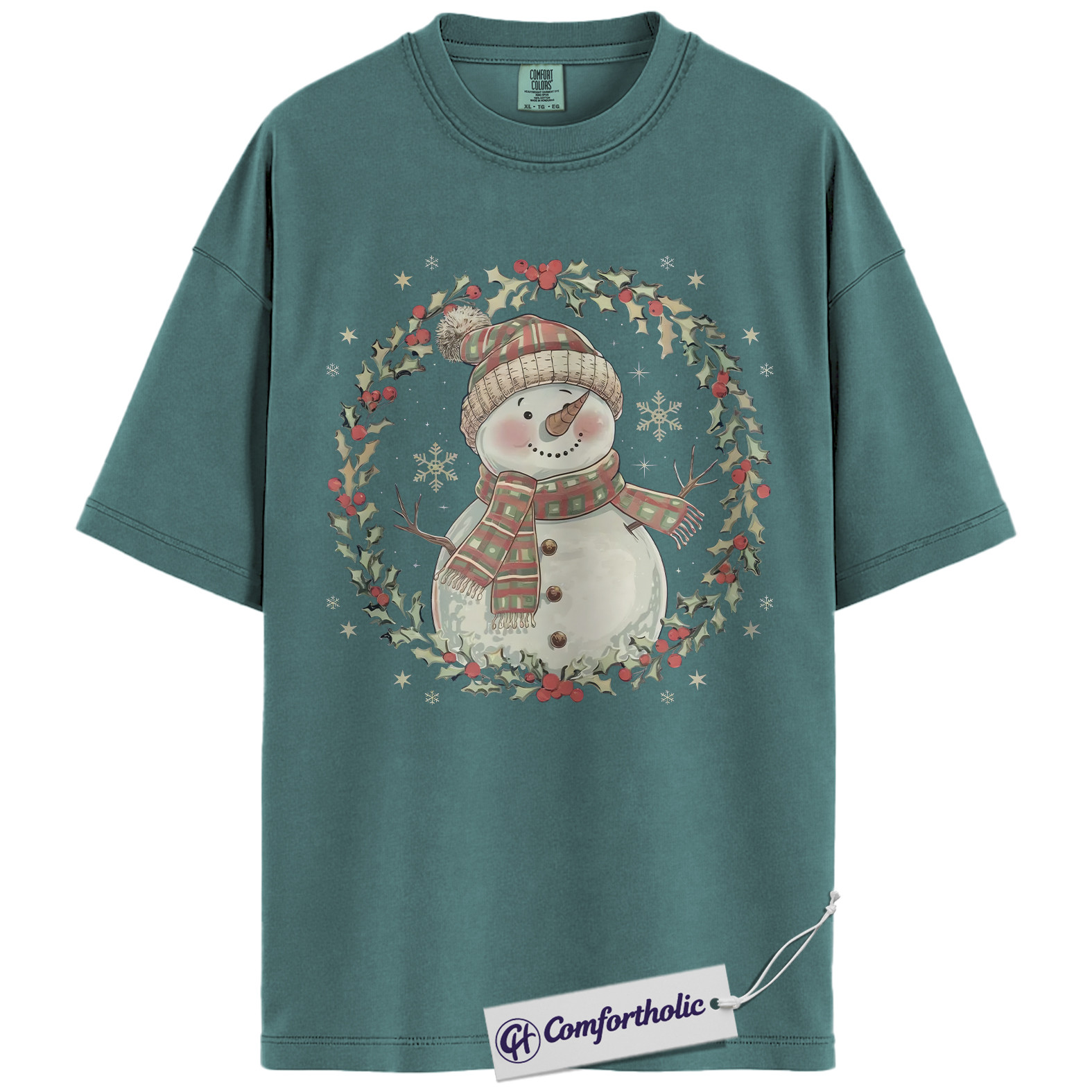 Snowman Christmas Shirt, Cute Winter Snowman Wreath T-Shirt, Festive Holiday Graphic Tee for Women, Cozy Christmas Gift Idea, Christmas Comfort Colors Shirt - Image 11