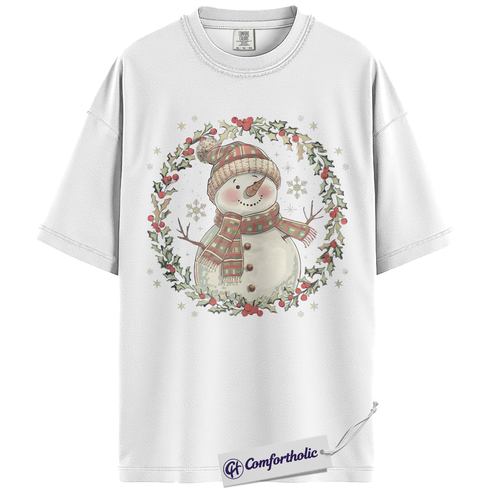 Snowman Christmas Shirt, Cute Winter Snowman Wreath T-Shirt, Festive Holiday Graphic Tee for Women, Cozy Christmas Gift Idea, Christmas Comfort Colors Shirt - Image 4