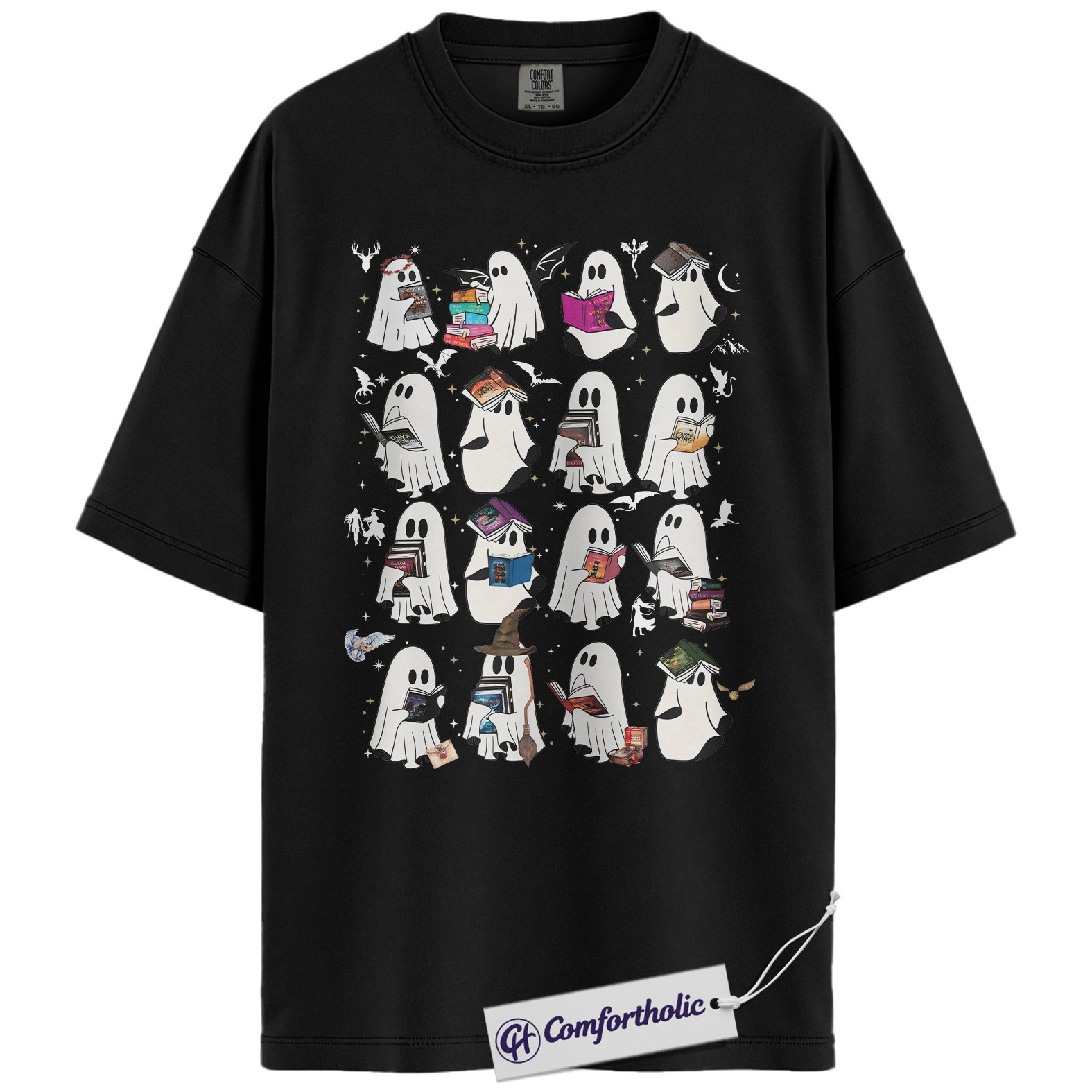 Bookish Ghost Shirt, Halloween Reading T-Shirt, Cute Spooky Book Lover Graphic Tee, Ghost Reader Literary Gift Top, Halloween Comfort Colors Shirt - Image 3