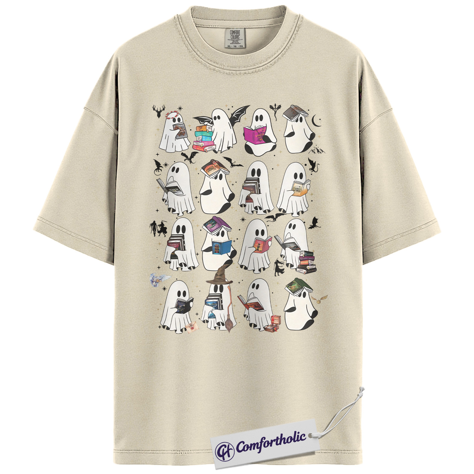 Bookish Ghost Shirt, Halloween Reading T-Shirt, Cute Spooky Book Lover Graphic Tee, Ghost Reader Literary Gift Top, Halloween Comfort Colors Shirt - Image 2