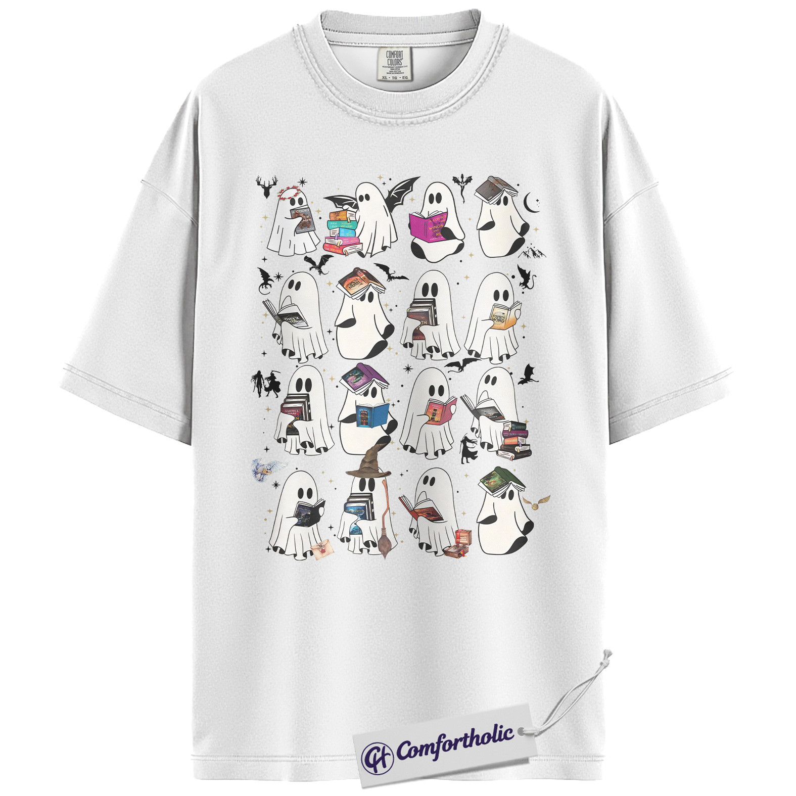 Bookish Ghost Shirt, Halloween Reading T-Shirt, Cute Spooky Book Lover Graphic Tee, Ghost Reader Literary Gift Top, Halloween Comfort Colors Shirt - Image 4