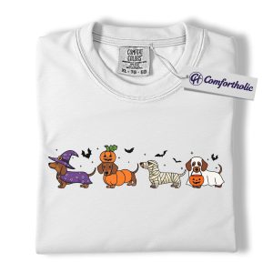 Alternative view of Halloween Dachshund Dog Shirt, Funny Wiener Dog Pumpkin Ghost T-Shirt, Cute Spooky Sausage Dog Graphic Tee, Fall Pet Lover Gift Top, Halloween Comfort Colors Shirt