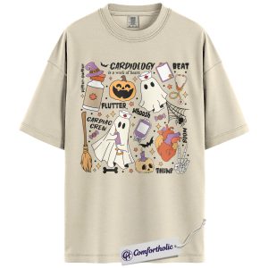 Cardiology Ghost Shirt, Funny Halloween Nurse T-Shirt, Cute Cardiac Crew Medical Graphic Tee, Heart Doctor Halloween Gift Top, Halloween Comfort Colors Shirt
