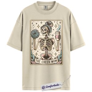 The Cheer Mom Skeleton Shirt, Funny Halloween Cheerleader T-Shirt, Spooky Coffee & Pom Pom Mom Tee, Cheer Team Halloween Gift, Family Comfort Colors Shirt