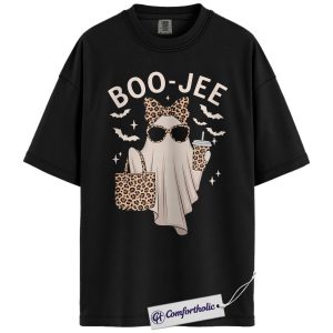 Boo Jee Ghost Shirt, Funny Leopard Print Halloween T-Shirt, Cute Spooky Season Graphic Tee for Women, Trendy Fall Outfit Top, Halloween Comfort Colors Shirt