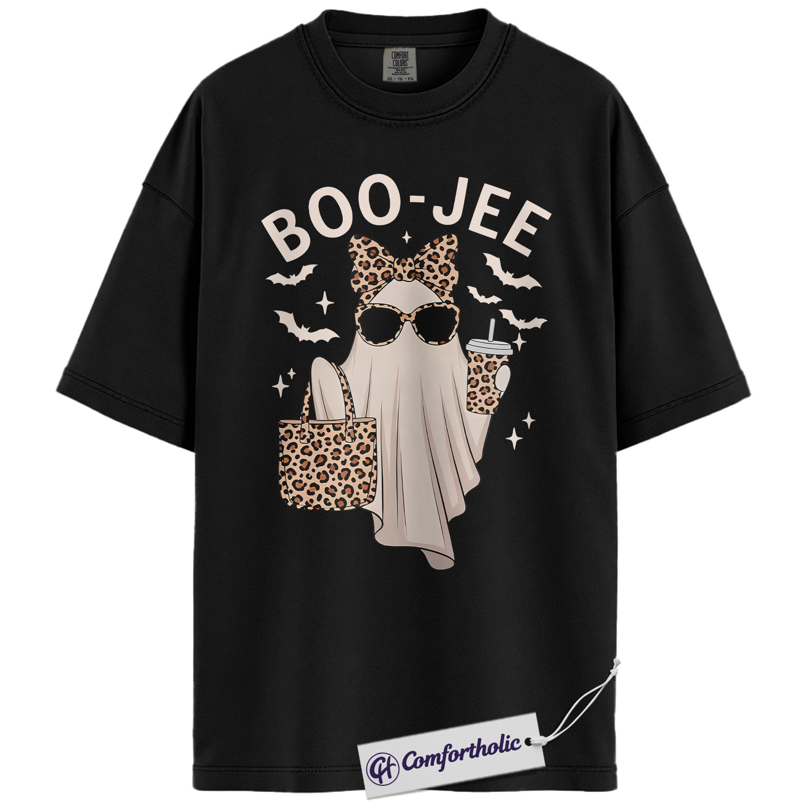 Boo Jee Ghost Shirt, Funny Leopard Print Halloween T-Shirt, Cute Spooky Season Graphic Tee for Women, Trendy Fall Outfit Top, Halloween Comfort Colors Shirt
