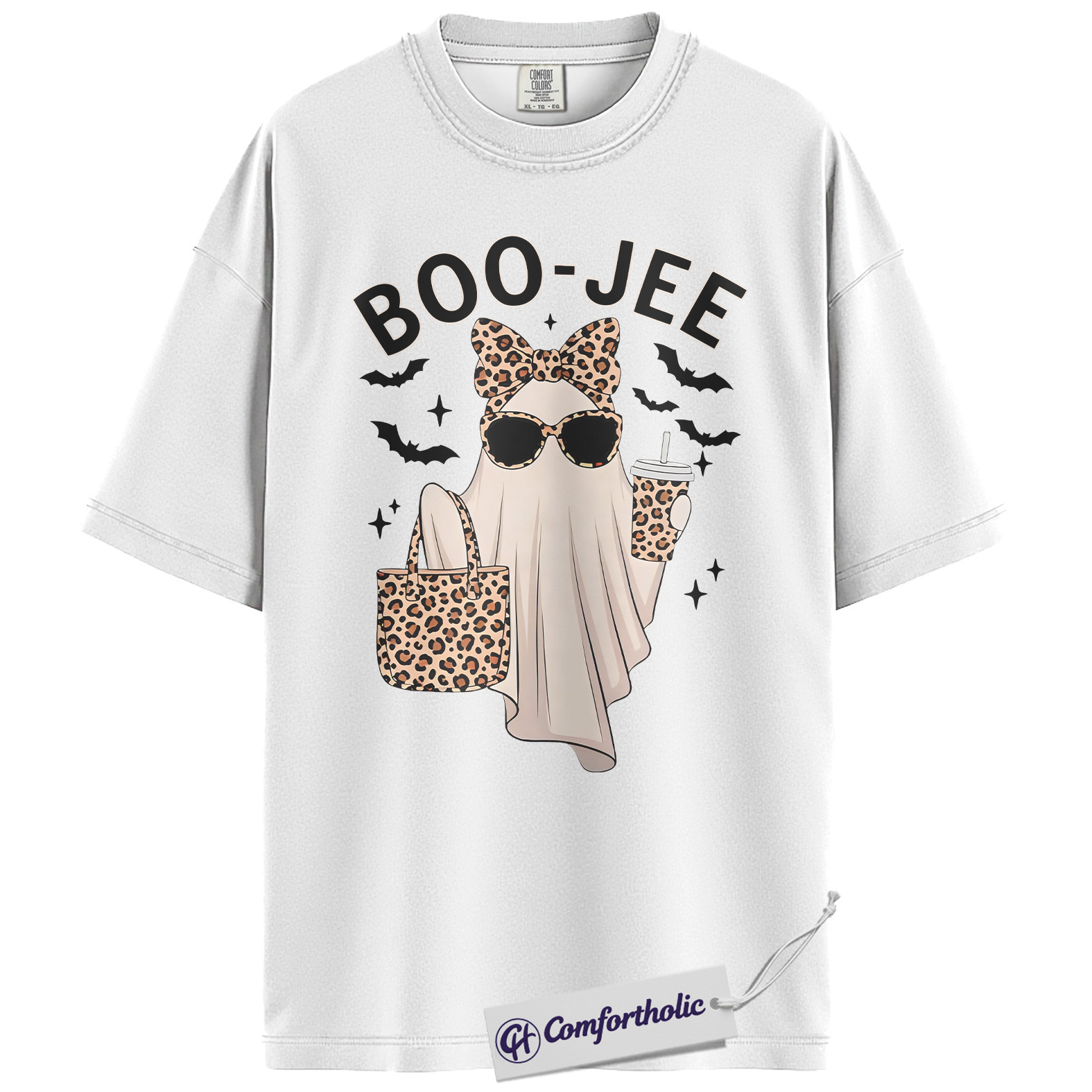 Boo Jee Ghost Shirt, Funny Leopard Print Halloween T-Shirt, Cute Spooky Season Graphic Tee for Women, Trendy Fall Outfit Top, Halloween Comfort Colors Shirt - Image 2