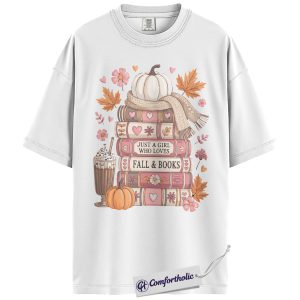 Alternative view of Just a Girl Who Loves Fall and Books Shirt, Cozy Autumn Book Lover T-Shirt, Pumpkin Latte Reading Graphic Tee, Cute Fall Gift for Readers, Comfort Colors Shirt