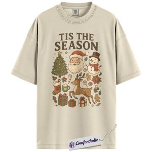 Tis The Season Christmas Shirt, Vintage Holiday T-Shirt, Cute Santa Claus & Reindeer Graphic Tee, Festive Winter Gift, Christmas Comfort Colors Shirt