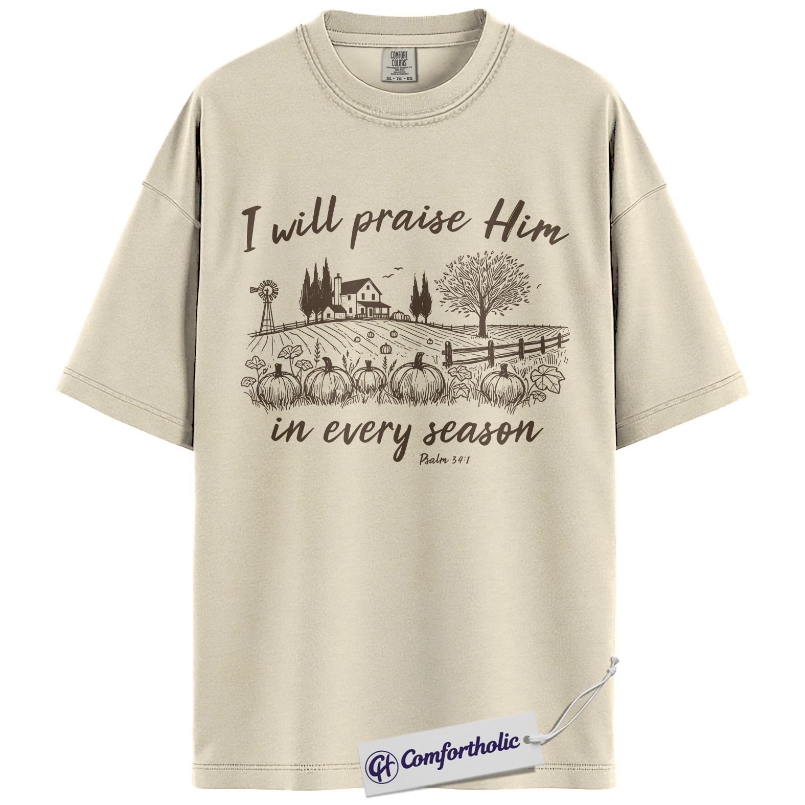 I Will Praise Him Shirt, Christian T-Shirt, Psalm 34:1 Bible Verse Graphic Tee, Religious Inspirational Fall Pumpkin Gift, Faith Comfort Colors Shirt