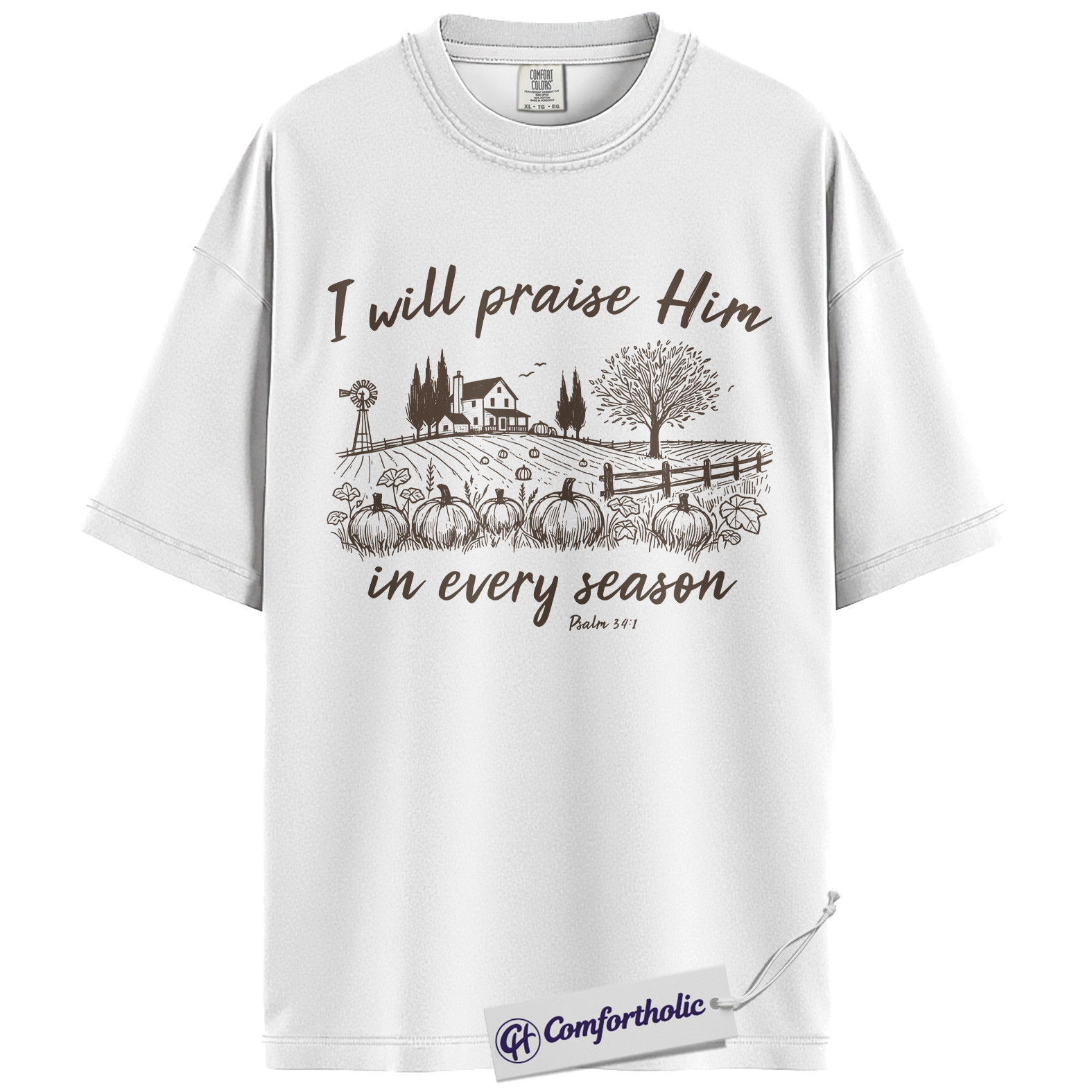 I Will Praise Him Shirt, Christian T-Shirt, Psalm 34:1 Bible Verse Graphic Tee, Religious Inspirational Fall Pumpkin Gift, Faith Comfort Colors Shirt - Image 2