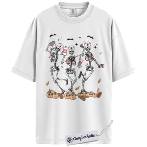 Alternative view of Dancing Skeleton Nurse Halloween Shirt, Funny Medical T-Shirt, Spooky Nurse Graphic Tee, Healthcare Worker Costume Gift, Comfort Colors Shirt