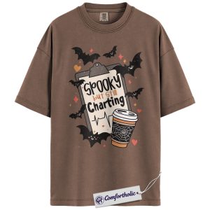 Spooky But Still Charting Shirt, Funny Nurse Halloween T-Shirt, Medical Worker Graphic Tee, Healthcare Coffee Lover Gift, Comfort Colors Shirt