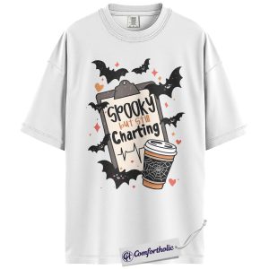 Alternative view of Spooky But Still Charting Shirt, Funny Nurse Halloween T-Shirt, Medical Worker Graphic Tee, Healthcare Coffee Lover Gift, Comfort Colors Shirt