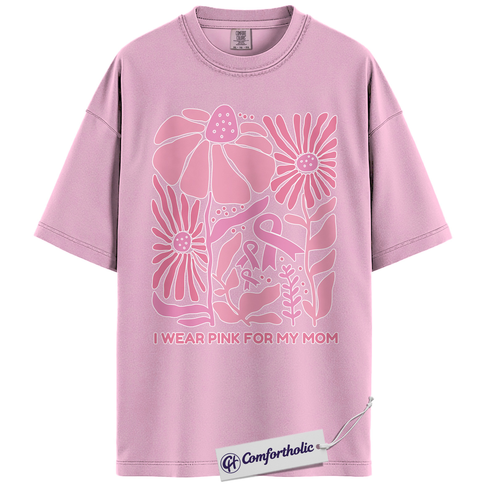 I Wear Pink for My Mom Shirt, Breast Cancer Awareness T-Shirt, Floral Pink Ribbon Graphic Tee, Support Gift for Mother, Comfort Colors Shirt