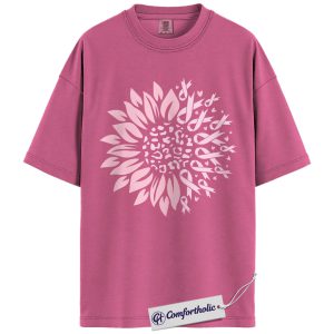 Pink Ribbon Sunflower Shirt, Breast Cancer Awareness T-Shirt, Leopard Print Floral Graphic Tee, Support Gift for Women, Comfort Colors Shirt