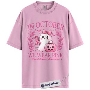 In October We Wear Pink Shirt, Breast Cancer Awareness Halloween T-Shirt, Witch Broom Graphic Tee for Women, Cancer Awareness Comfort Colors Shirt