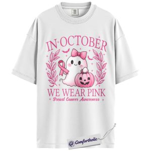 Alternative view of In October We Wear Pink Shirt, Breast Cancer Awareness Halloween T-Shirt, Witch Broom Graphic Tee for Women, Cancer Awareness Comfort Colors Shirt