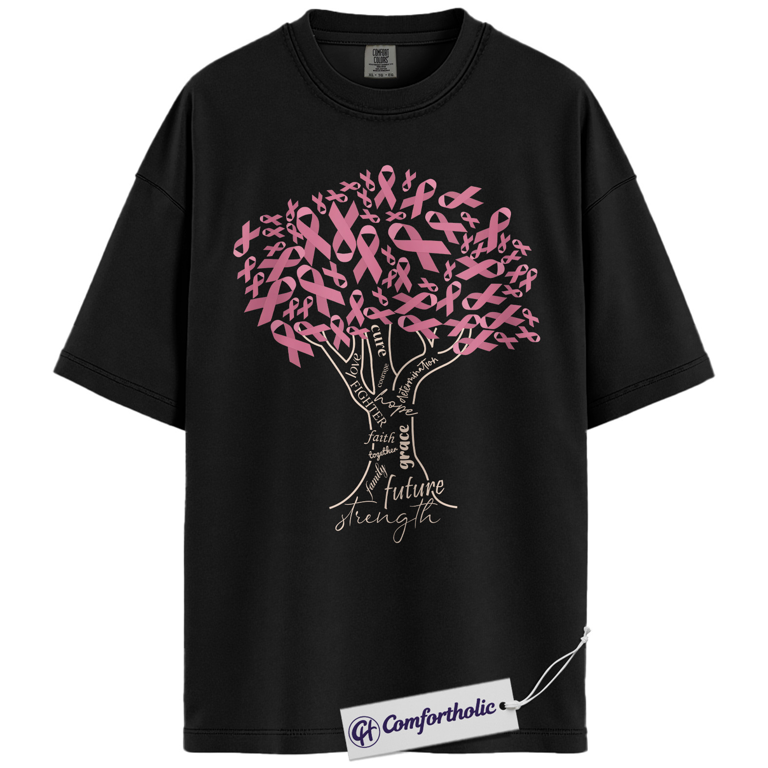 Pink Ribbon Tree of Strength Shirt, Breast Cancer Awareness T-Shirt, Faith Hope Love Support Tee, Inspirational Graphic Gift, Comfort Colors Shirt - Image 3