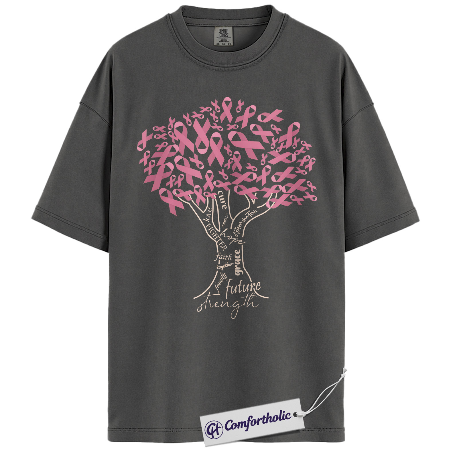 Pink Ribbon Tree of Strength Shirt, Breast Cancer Awareness T-Shirt, Faith Hope Love Support Tee, Inspirational Graphic Gift, Comfort Colors Shirt - Image 4