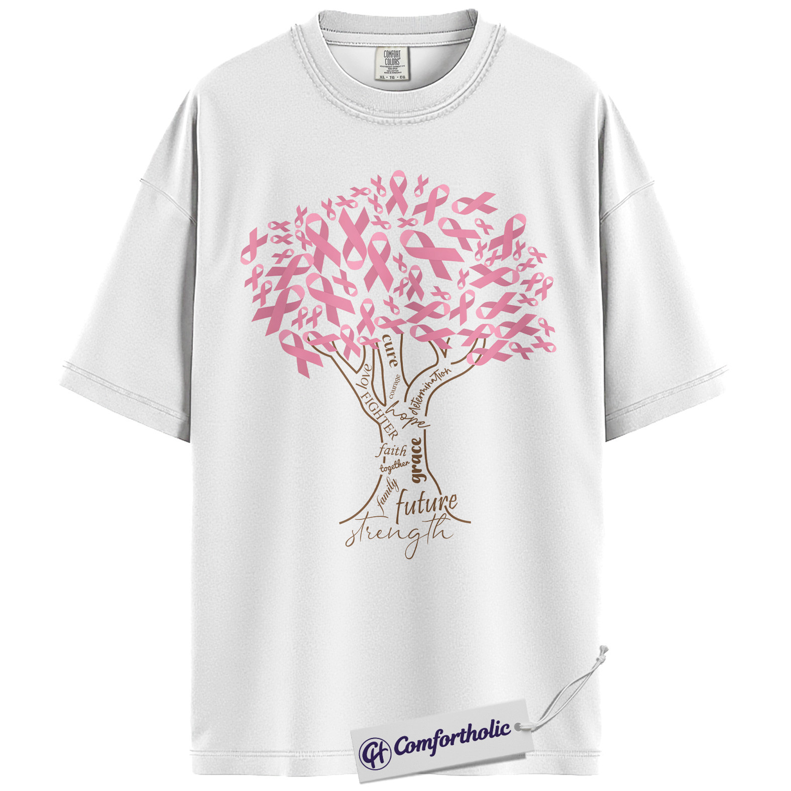 Pink Ribbon Tree of Strength Shirt, Breast Cancer Awareness T-Shirt, Faith Hope Love Support Tee, Inspirational Graphic Gift, Comfort Colors Shirt - Image 2