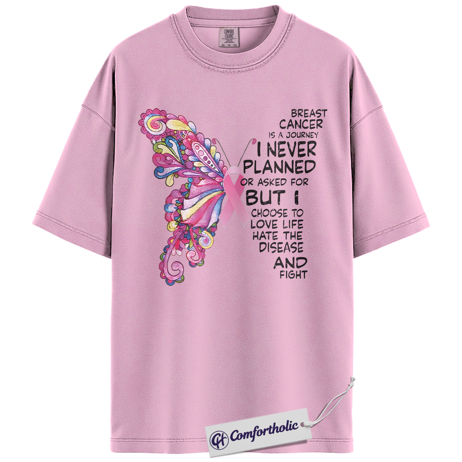 Breast Cancer Journey Butterfly Shirt, Pink Ribbon Awareness T-Shirt, Inspirational Fighter Quote Tee, Support Gift for Women, Comfort Colors Shirt