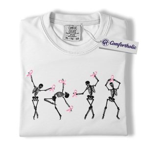 Alternative view of Dancing Skeletons Pink Ribbon Shirt, Breast Cancer Awareness Halloween T-Shirt, Spooky Support Graphic Tee, Cancer Awareness Gift, Comfort Colors Shirt