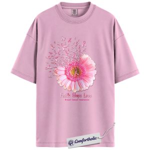 Faith Hope Love Shirt, Pink Flower Ribbon Breast Cancer Awareness T-Shirt, Inspirational Floral Graphic Tee, Support Gift for Women, Comfort Colors Shirt