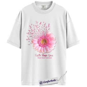 Alternative view of Faith Hope Love Shirt, Pink Flower Ribbon Breast Cancer Awareness T-Shirt, Inspirational Floral Graphic Tee, Support Gift for Women, Comfort Colors Shirt