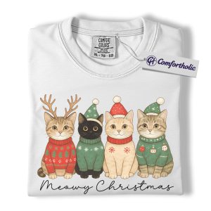 Alternative view of Meowy Christmas Cat Shirt, Cute Holiday Kitten T-Shirt, Funny Cat Lover Christmas Graphic Tee, Festive Pet Gift for Cat Moms, Comfort Colors Shirt
