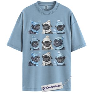 Winter Pug Shirt, Cute Dog Lover T-Shirt, Funny Christmas Pet Graphic Tee with Cozy Hat and Scarf, Holiday Gift for Pug Owners, Christmas Comfort Colors Shirt