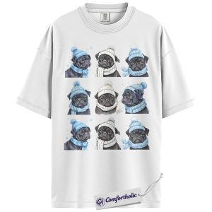 Alternative view of Winter Pug Shirt, Cute Dog Lover T-Shirt, Funny Christmas Pet Graphic Tee with Cozy Hat and Scarf, Holiday Gift for Pug Owners, Christmas Comfort Colors Shirt