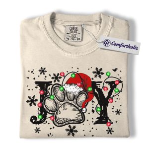 Joy Paw Print Christmas Shirt, Cute Dog Lover Holiday T-Shirt, Santa Hat Pet Paw Graphic Tee, Festive Gift for Animal Lovers, Christmas Comfort Colors Shirt