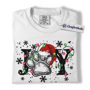 Alternative view of Joy Paw Print Christmas Shirt, Cute Dog Lover Holiday T-Shirt, Santa Hat Pet Paw Graphic Tee, Festive Gift for Animal Lovers, Christmas Comfort Colors Shirt