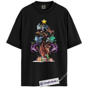 Dragon Christmas Tree Shirt, Fantasy Holiday T-Shirt, Mythical Creature Graphic Tee, Gift for Fantasy Lovers and Book Readers,