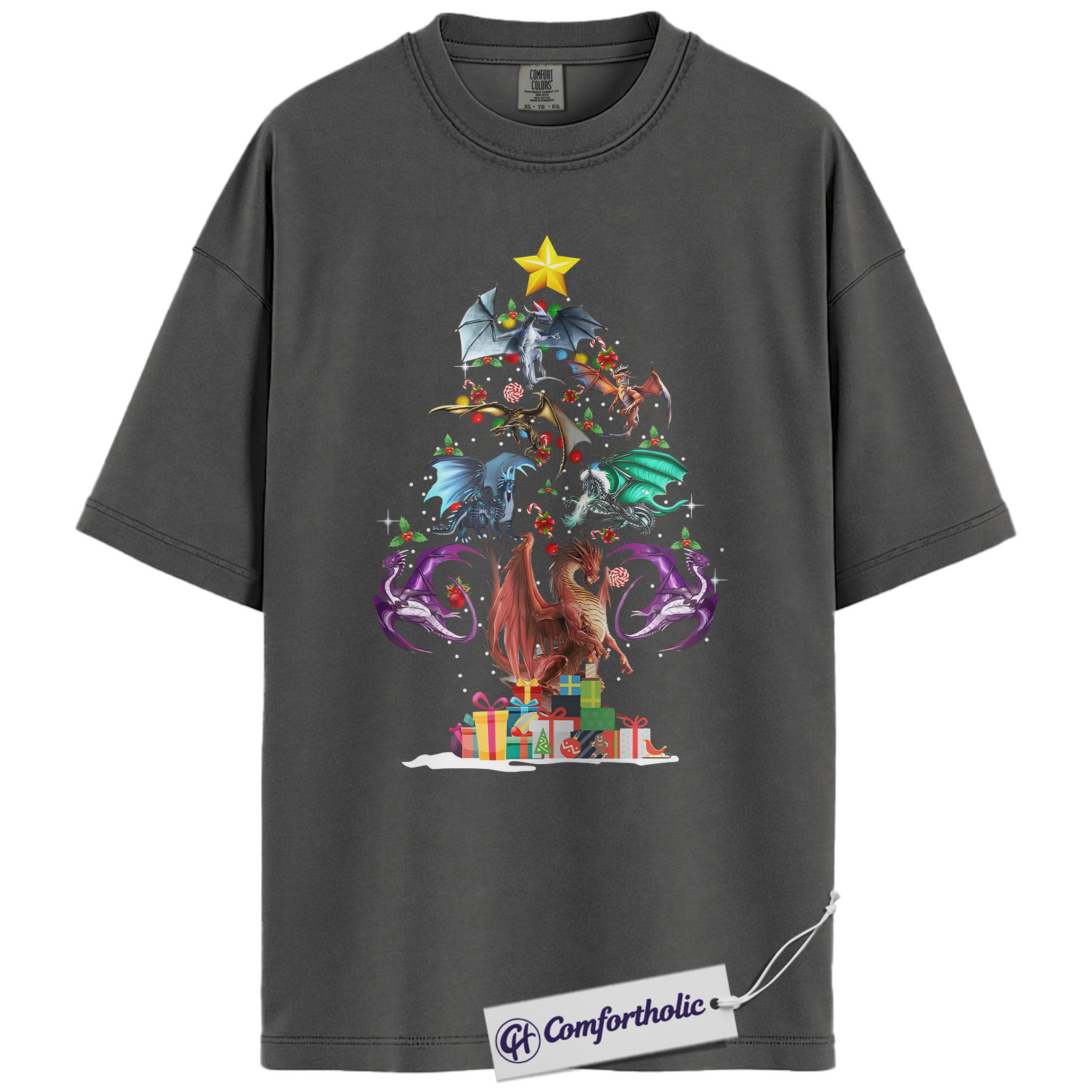 Dragon Christmas Tree Shirt, Fantasy Holiday T-Shirt, Mythical Creature Graphic Tee, Gift for Fantasy Lovers and Book Readers, - Image 3
