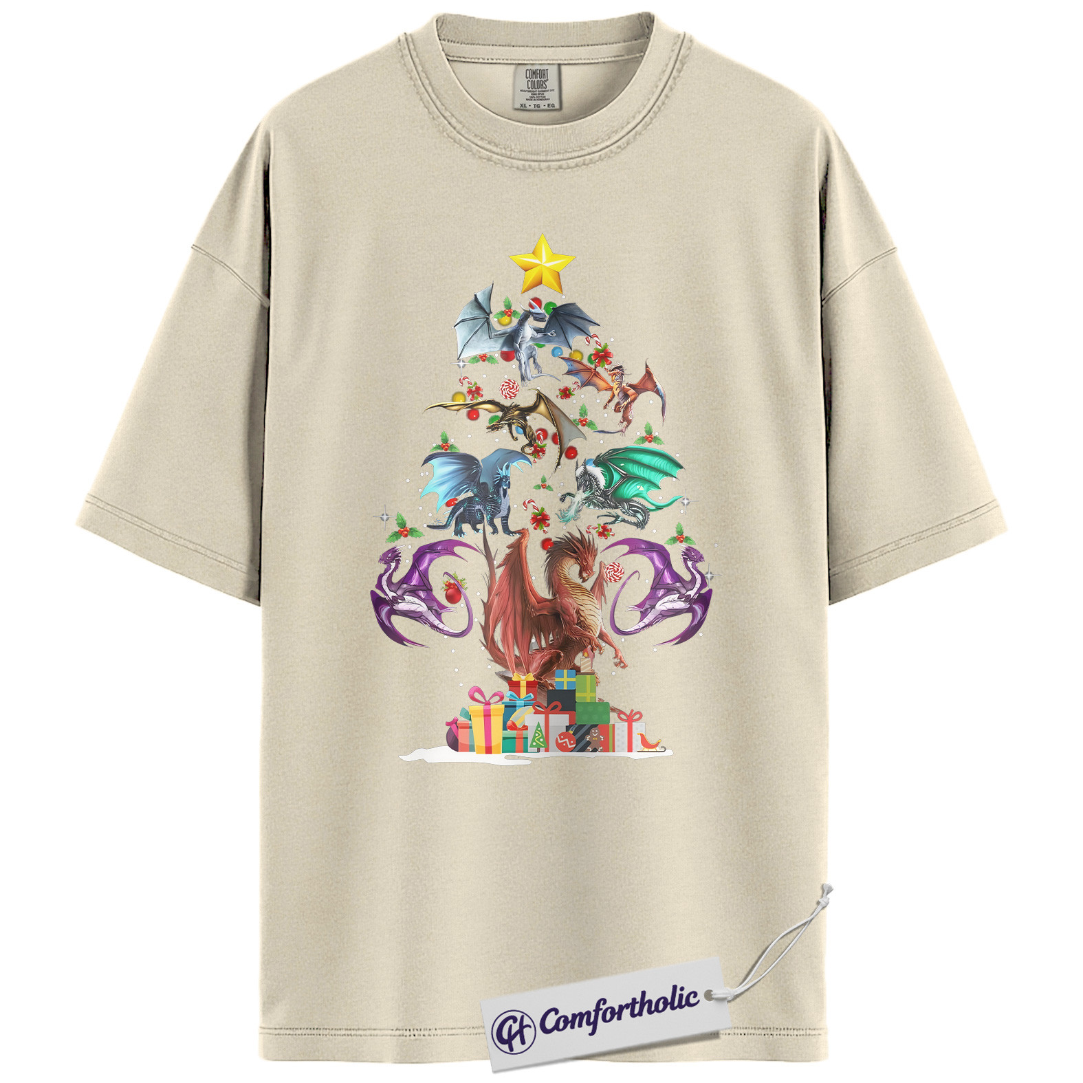 Dragon Christmas Tree Shirt, Fantasy Holiday T-Shirt, Mythical Creature Graphic Tee, Gift for Fantasy Lovers and Book Readers, - Image 4