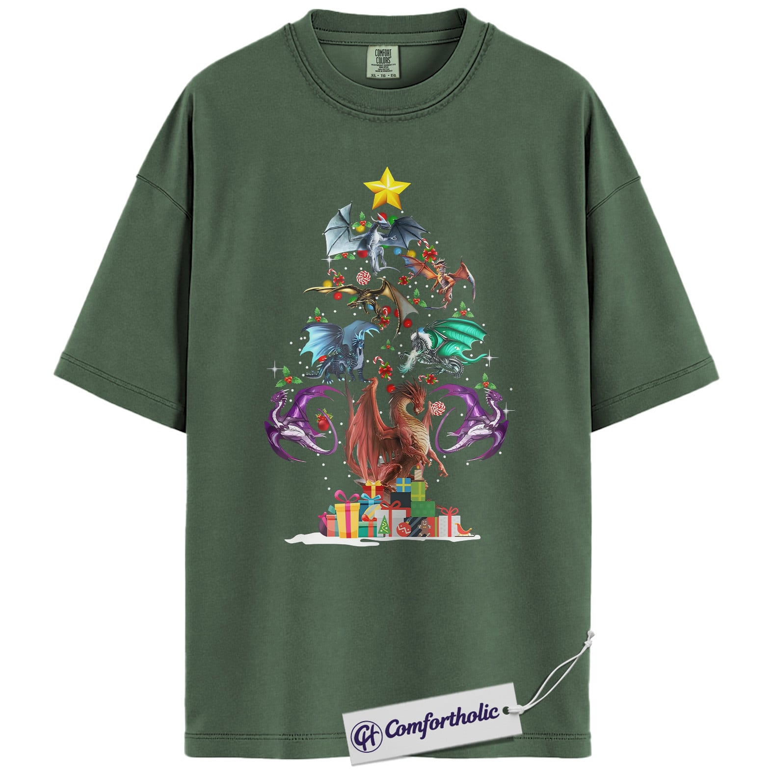 Dragon Christmas Tree Shirt, Fantasy Holiday T-Shirt, Mythical Creature Graphic Tee, Gift for Fantasy Lovers and Book Readers, - Image 5