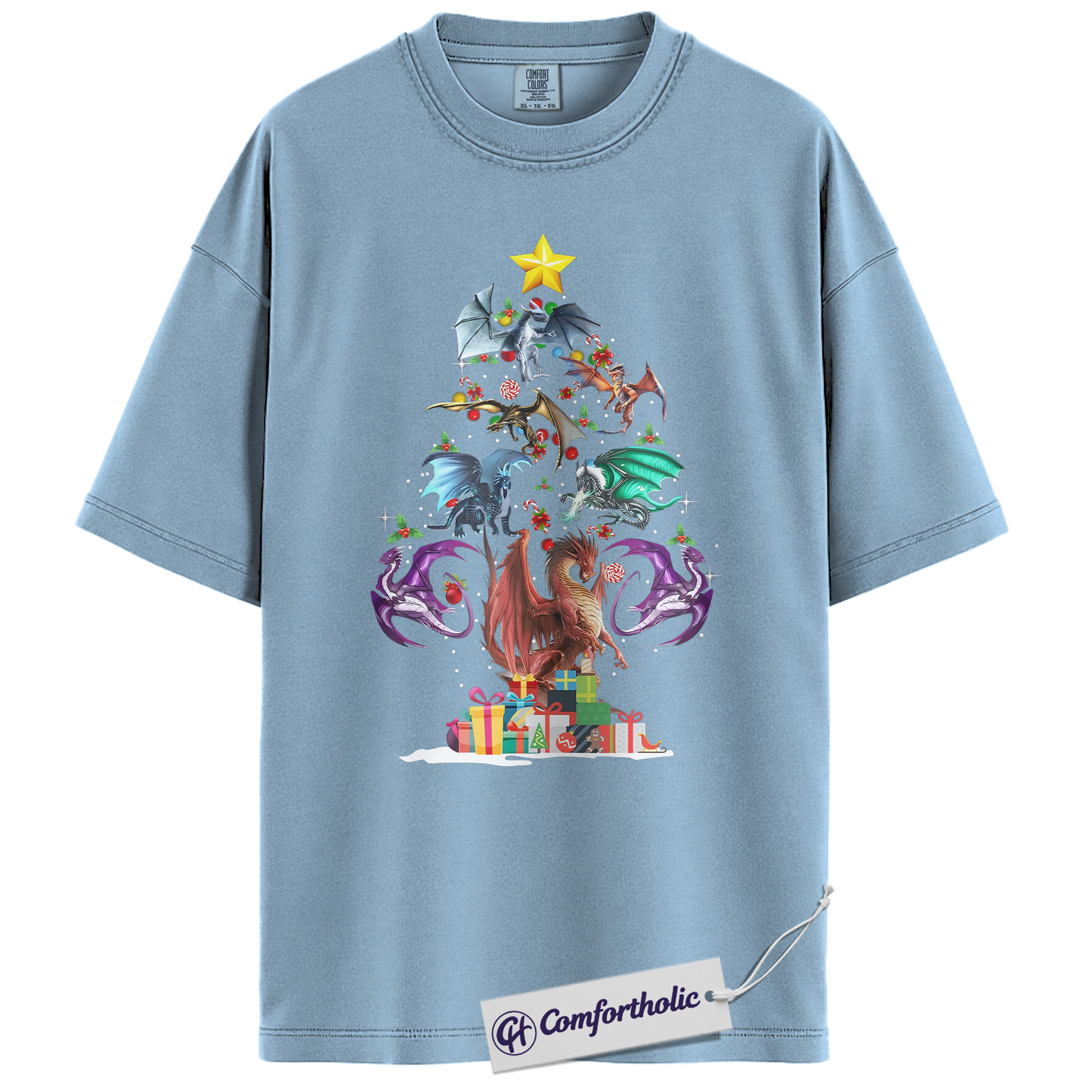 Dragon Christmas Tree Shirt, Fantasy Holiday T-Shirt, Mythical Creature Graphic Tee, Gift for Fantasy Lovers and Book Readers, - Image 14