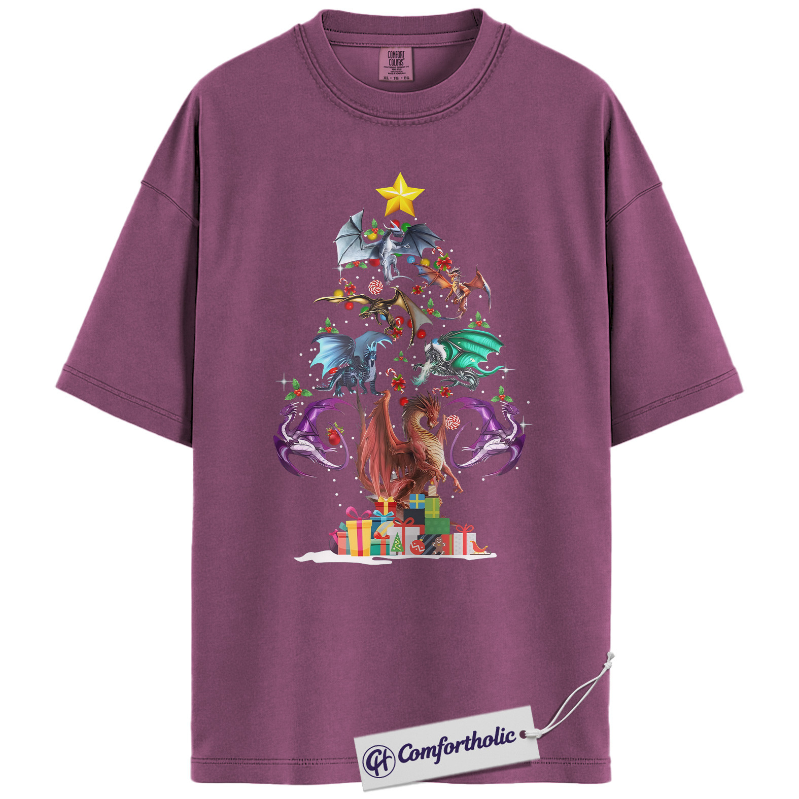 Dragon Christmas Tree Shirt, Fantasy Holiday T-Shirt, Mythical Creature Graphic Tee, Gift for Fantasy Lovers and Book Readers, - Image 15