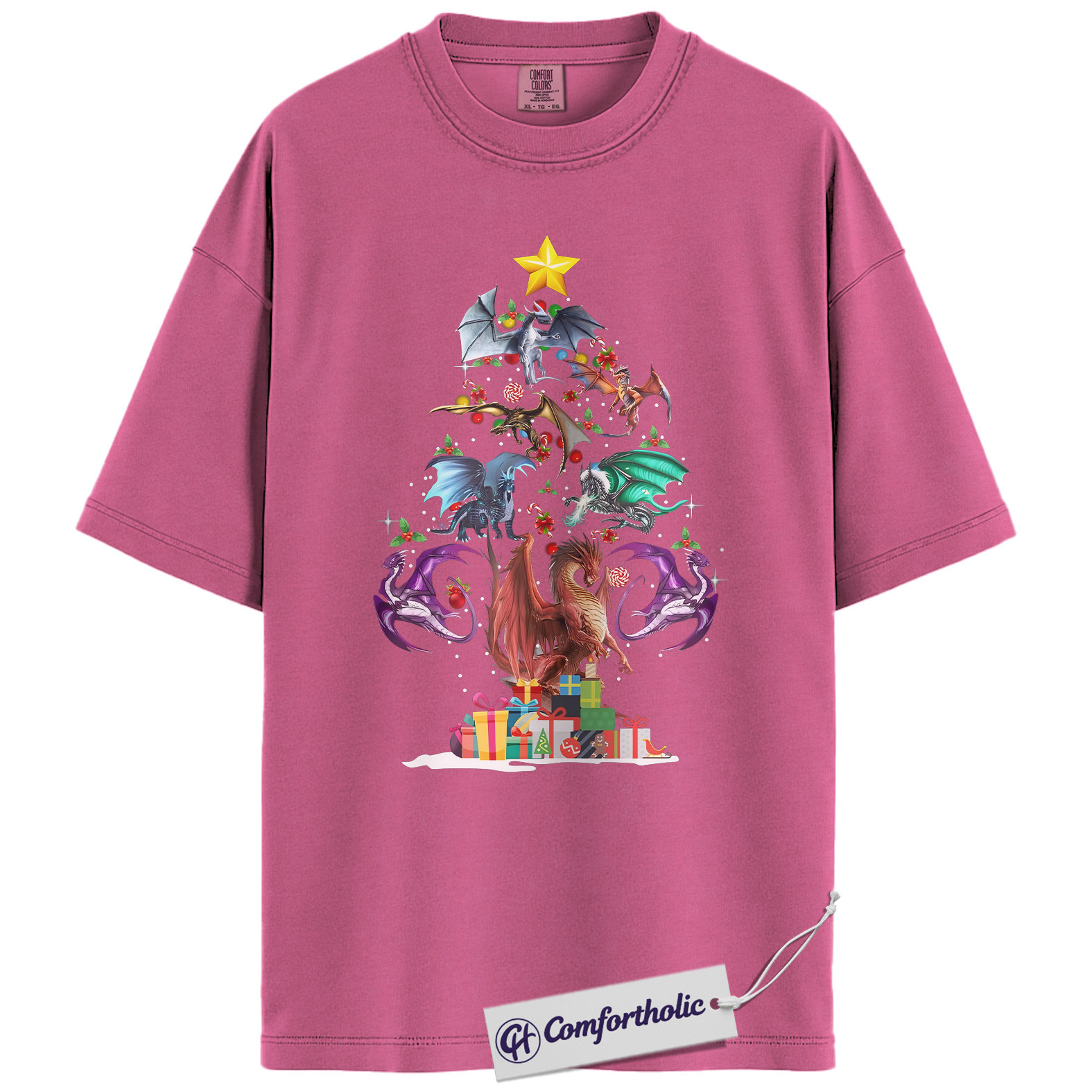 Dragon Christmas Tree Shirt, Fantasy Holiday T-Shirt, Mythical Creature Graphic Tee, Gift for Fantasy Lovers and Book Readers, - Image 16