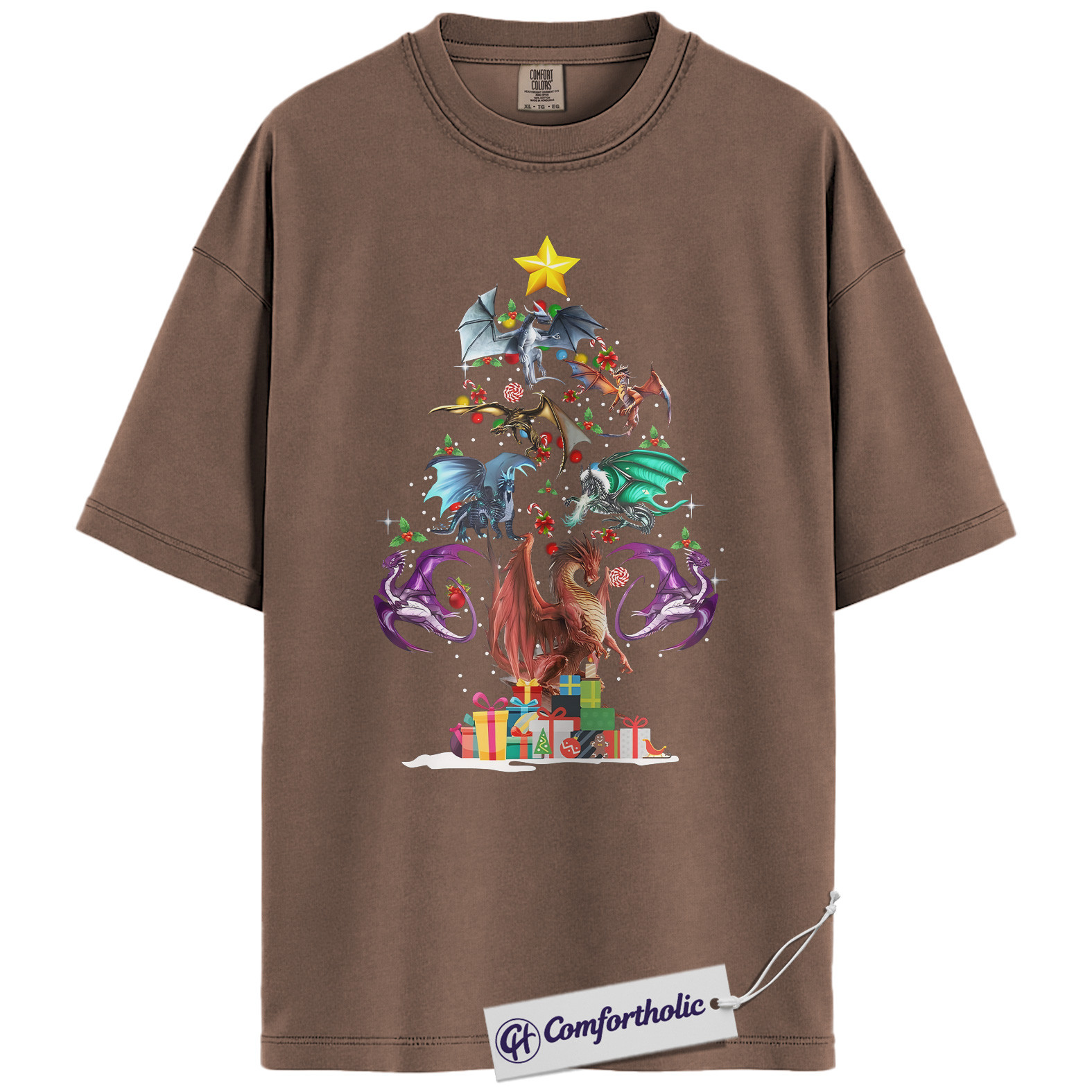 Dragon Christmas Tree Shirt, Fantasy Holiday T-Shirt, Mythical Creature Graphic Tee, Gift for Fantasy Lovers and Book Readers, - Image 19