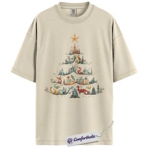 Dragon Castle Christmas Tree Shirt, Fantasy Holiday T-Shirt, Medieval Kingdom Graphic Tee, Gift for Book Lovers and Fantasy Fans, Christmas Comfort Colors Shirt