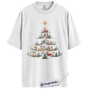Alternative view of Dragon Castle Christmas Tree Shirt, Fantasy Holiday T-Shirt, Medieval Kingdom Graphic Tee, Gift for Book Lovers and Fantasy Fans, Christmas Comfort Colors Shirt