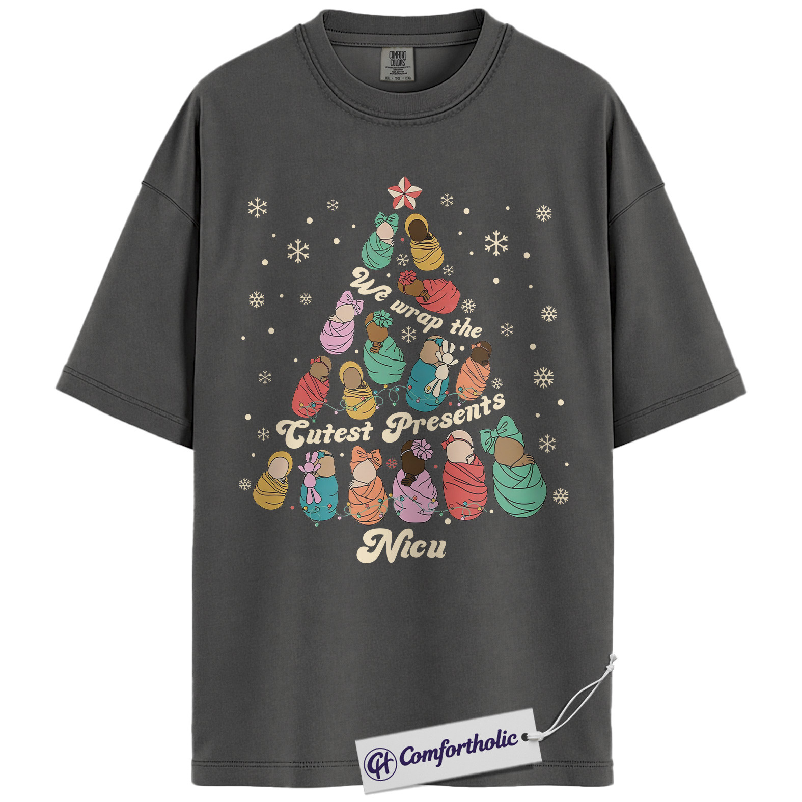 NICU Nurse Christmas Shirt, We Unwrap the Cutest Presents T-Shirt, Cute Newborn Baby Tree Graphic Tee, Neonatal Nurse Holiday Gift, Christmas Comfort Colors Shirt - Image 4