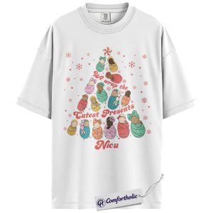 Alternative view of NICU Nurse Christmas Shirt, We Unwrap the Cutest Presents T-Shirt, Cute Newborn Baby Tree Graphic Tee, Neonatal Nurse Holiday Gift, Christmas Comfort Colors Shirt