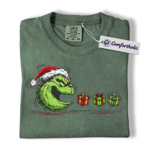 Funny Grinch Christmas Shirt, Cute Santa Hat T-Shirt, Green Monster Holiday Graphic Tee, Humorous Xmas Gift for Men and Women, Christmas Comfort Colors Shirt
