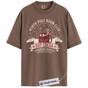 North Pole Book Club Shirt, Hot Cocoa Christmas T-Shirt, Winter Holiday Graphic Tee for Bookworms, Christmas Comfort Colors Shirt