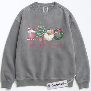 Alternative view of Tis The Season Christmas Sweatshirt, Vintage Santa Tree Wreath Pullover, Cute Pink Holiday Graphic Crewneck, Festive Winter Gift for Women, Christmas Comfort Colors Sweatshirt