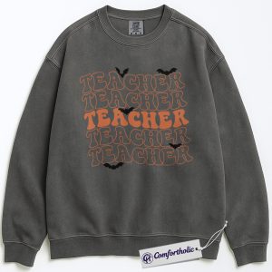Alternative view of Spooky Teacher Sweatshirt, Halloween Teacher Pullover, Retro Bat Graphic Crewneck, Cute Fall Gift for Educators, Teacher Comfort Colors Sweatshirt